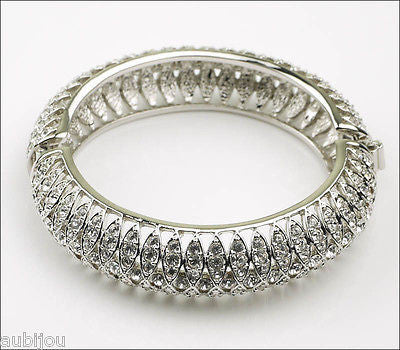 Kenneth Jay Lane KJL Art Deco Clear Rhinestone Crystal Hinged Bracelet Bangle