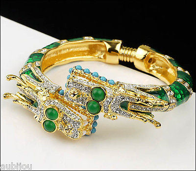 Kenneth Lane KJL Asian Oriental Green Enamel Rhinestone Double Dragon Bracelet