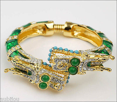 Kenneth Lane KJL Asian Oriental Green Enamel Rhinestone Double Dragon Bracelet