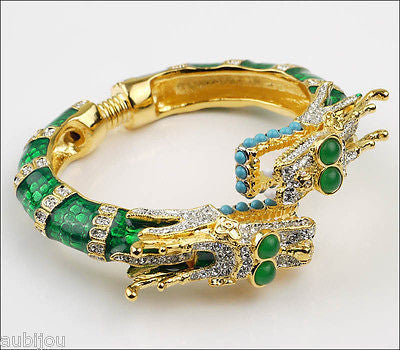 Kenneth Lane KJL Asian Oriental Green Enamel Rhinestone Double Dragon Bracelet