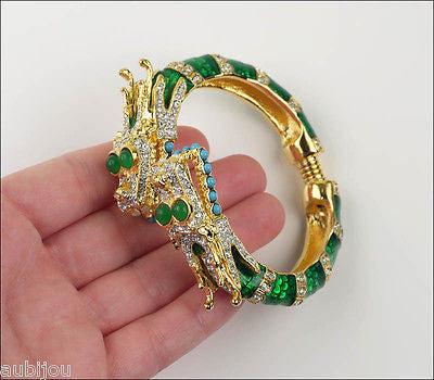 Kenneth Lane KJL Asian Oriental Green Enamel Rhinestone Double Dragon Bracelet