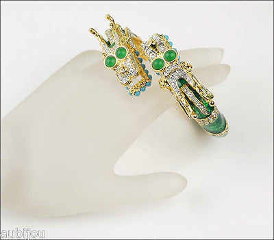 Kenneth Lane KJL Asian Oriental Green Enamel Rhinestone Double Dragon Bracelet