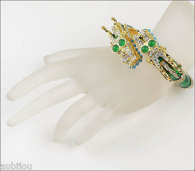Kenneth Lane KJL Asian Oriental Green Enamel Rhinestone Double Dragon Bracelet