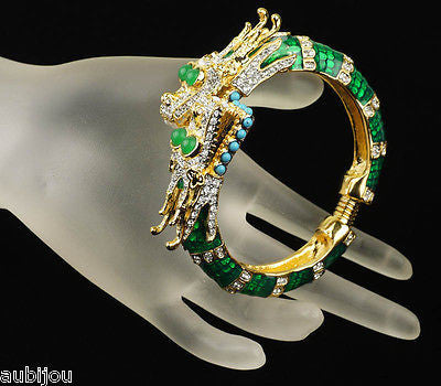 Kenneth Lane KJL Asian Oriental Green Enamel Rhinestone Double Dragon Bracelet