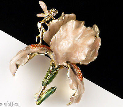 Kirks Folly Large 3D Cream Enamel Floral Flower Iris Orchid Brooch Pin Fairy