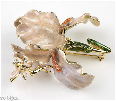 Kirks Folly Large 3D Cream Enamel Floral Flower Iris Orchid Brooch Pin Fairy