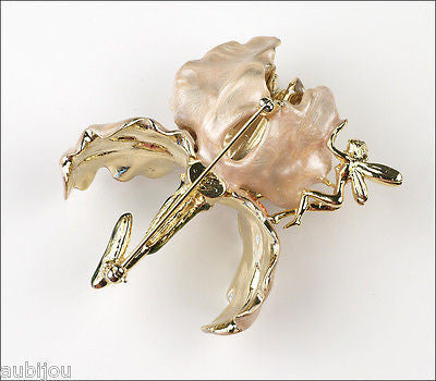 Kirks Folly Large 3D Cream Enamel Floral Flower Iris Orchid Brooch Pin Fairy