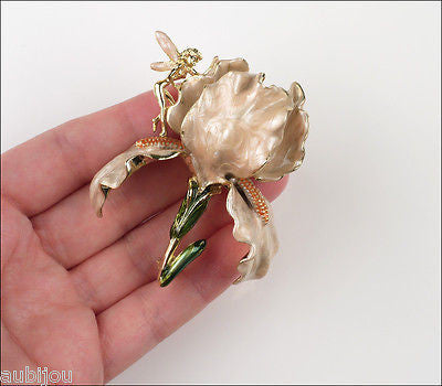 Kirks Folly Large 3D Cream Enamel Floral Flower Iris Orchid Brooch Pin Fairy