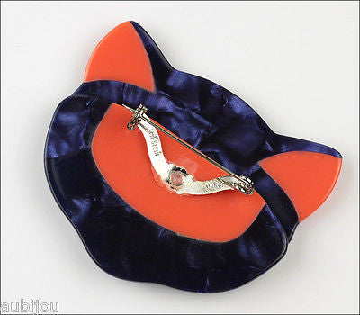 Lea Stein Bacchus The Cat Head Brooch Pin Dark Blue Red Back