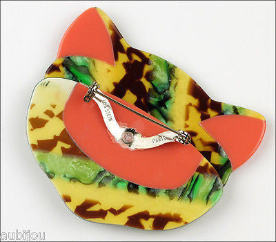 Lea Stein Bacchus The Cat Head Brooch Pin Green Red Back