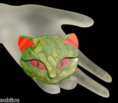 Lea Stein Bacchus The Cat Head Brooch Pin Green Red Mannequin