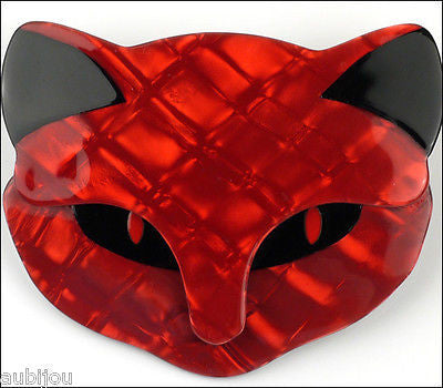 Lea Stein Bacchus The Cat Head Brooch Pin Red Black Gallery