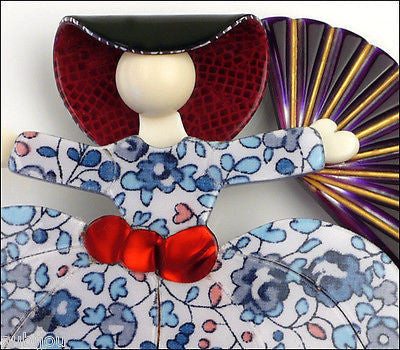 Lea Stein Ballerina Scarlett O'Hara Fan Brooch Pin Floral Blue White Purple Gallery