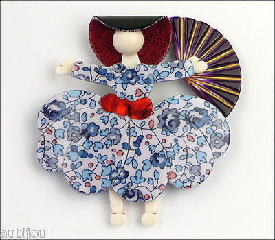 Lea Stein Ballerina Scarlett O'Hara Fan Brooch Pin Floral Blue White Purple Front