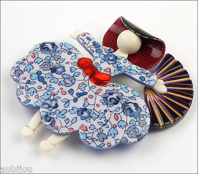 Lea Stein Ballerina Scarlett O'Hara Fan Brooch Pin Floral Blue White Purple Side