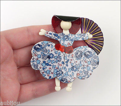 Lea Stein Ballerina Scarlett O'Hara Fan Brooch Pin Floral Blue White Purple Model