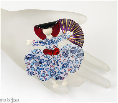 Lea Stein Ballerina Scarlett O'Hara Fan Brooch Pin Floral Blue White Purple Mannequin