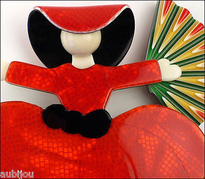 Lea Stein Ballerina Scarlett O'Hara Fan Brooch Pin Red Black Multicolor Gallery