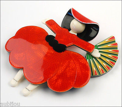 Lea Stein Ballerina Scarlett O'Hara Fan Brooch Pin Red Black Multicolor Side