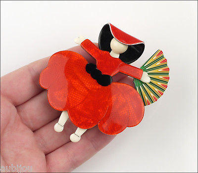 Lea Stein Ballerina Scarlett O'Hara Fan Brooch Pin Red Black Multicolor Model