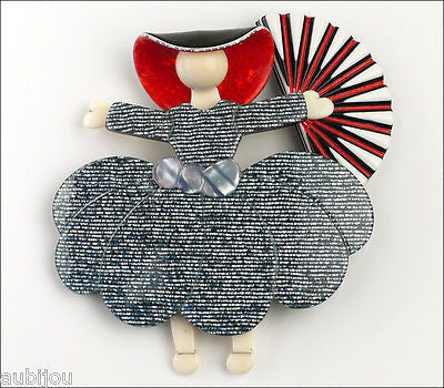 Lea Stein Ballerina Scarlett O'Hara Fan Brooch Pin Silver Grey Red White Front