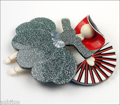 Lea Stein Ballerina Scarlett O'Hara Fan Brooch Pin Silver Grey Red White Side