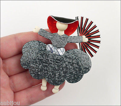 Lea Stein Ballerina Scarlett O'Hara Fan Brooch Pin Silver Grey Red White Model