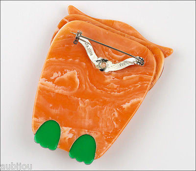 Lea Stein Buba The Owl Bird Brooch Pin Pearly Orange Green Back