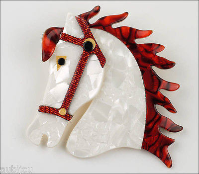 Lea Stein Butter The Horse Head Brooch Pin Pearly White Red Front