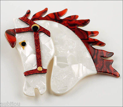 Lea Stein Butter The Horse Head Brooch Pin Pearly White Red Side