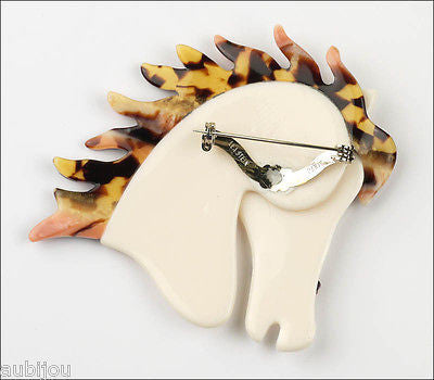 Lea Stein Butter The Horse Head Brooch Pin Pearly White Red Back