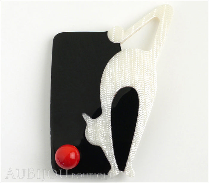 Lea Stein Cat With Ball Art Deco Brooch Pin Pearly White Black Front