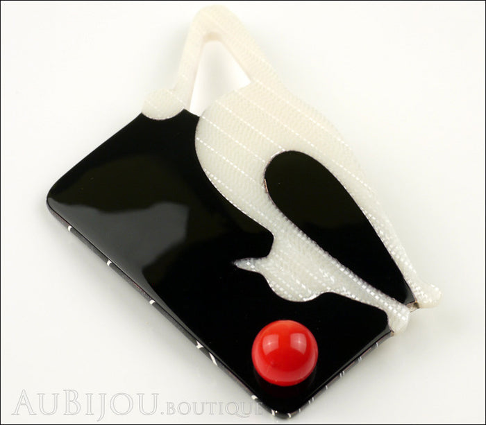 Lea Stein Cat With Ball Art Deco Brooch Pin Pearly White Black Side