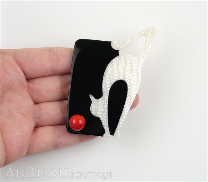 Lea Stein Cat With Ball Art Deco Brooch Pin Pearly White Black Model