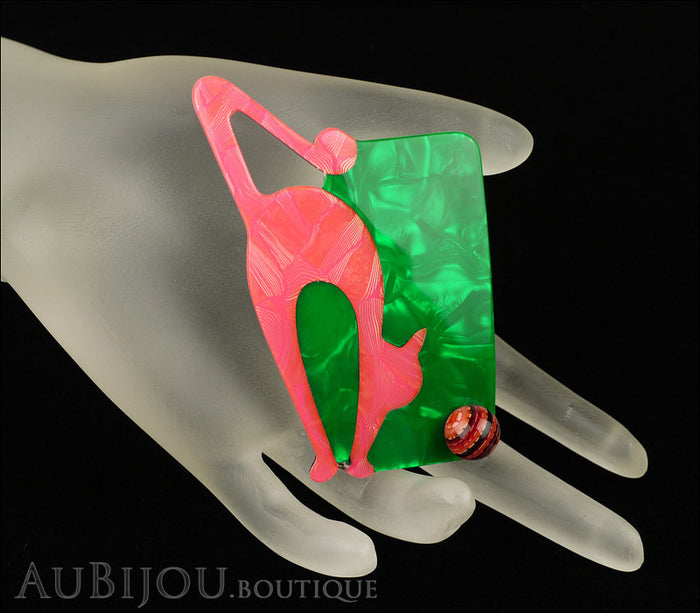 Lea Stein Cat With Ball Art Deco Brooch Pin Pink Green Mannequin