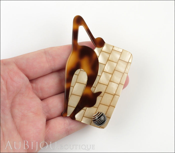 Lea Stein Cat With Ball Art Deco Brooch Pin Tortoise MOP Model