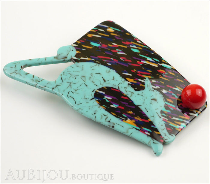 Lea Stein Cat With Ball Art Deco Brooch Pin Turquoise Multi Side