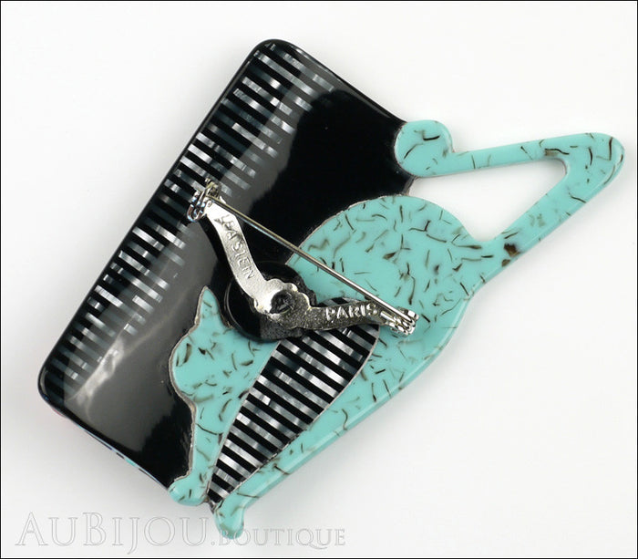 Lea Stein Cat With Ball Art Deco Brooch Pin Turquoise Multi Back