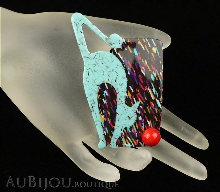Lea Stein Cat With Ball Art Deco Brooch Pin Turquoise Multi Mannequin