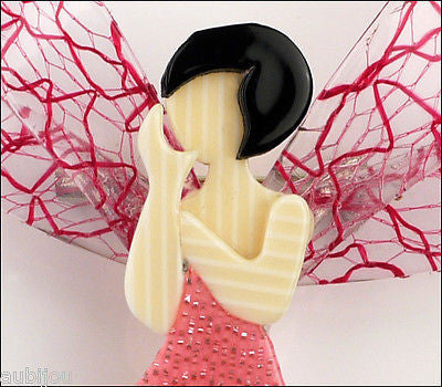 Lea Stein Fairy Demoiselle Volage Brooch Pin Pink Black Red