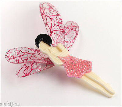 Lea Stein Fairy Demoiselle Volage Brooch Pin Pink Black Red