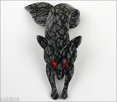 Lea Stein Fox Brooch Pin  Grey Root Pattern Red Front
