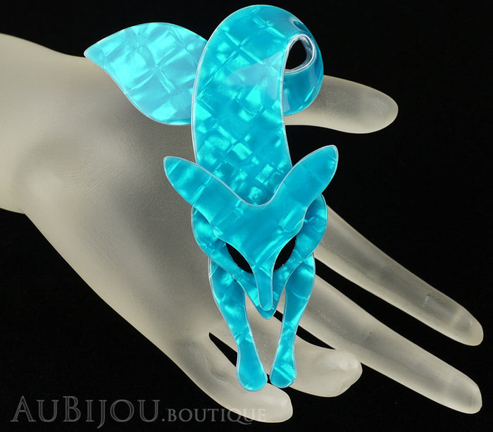 Lea Stein Fox Brooch Pin Light Turquoise Blue Black Mannequin