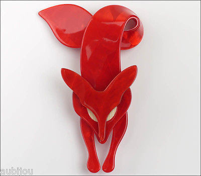 Lea Stein Fox Brooch Pin Red Cream Front