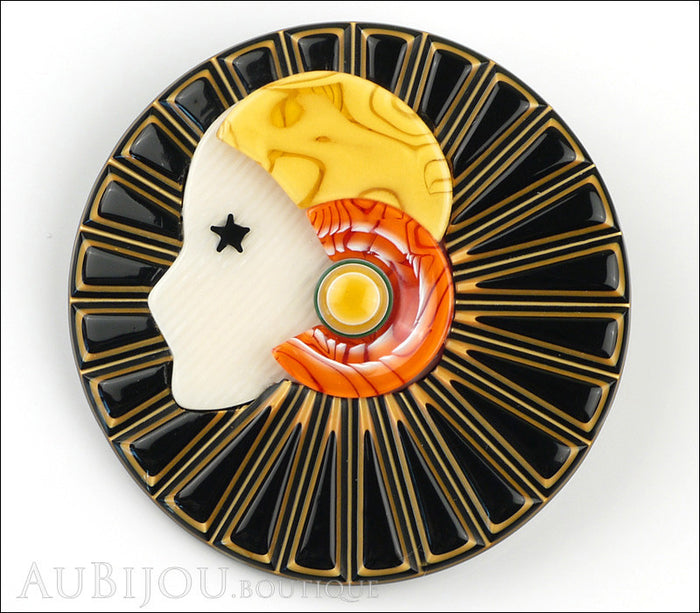 Lea Stein Full Collerette Art Deco Girl Brooch Pin Black Yellow Front