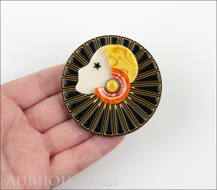 Lea Stein Full Collerette Art Deco Girl Brooch Pin Black Yellow Model