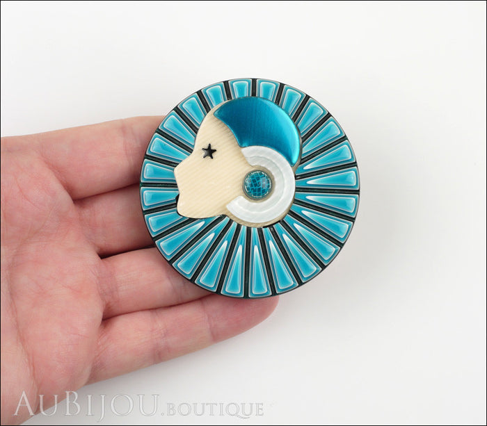 Lea Stein Full Collerette Art Deco Girl Brooch Pin Blue Black Model
