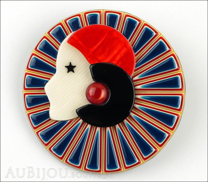 Lea Stein Full Collerette Art Deco Girl Brooch Pin Navy Blue Red Front