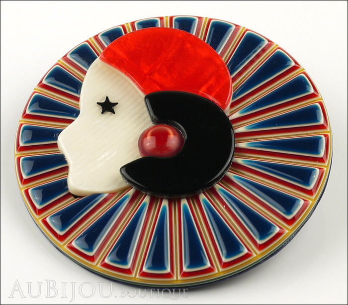 Lea Stein Full Collerette Art Deco Girl Brooch Pin Navy Blue Red Side