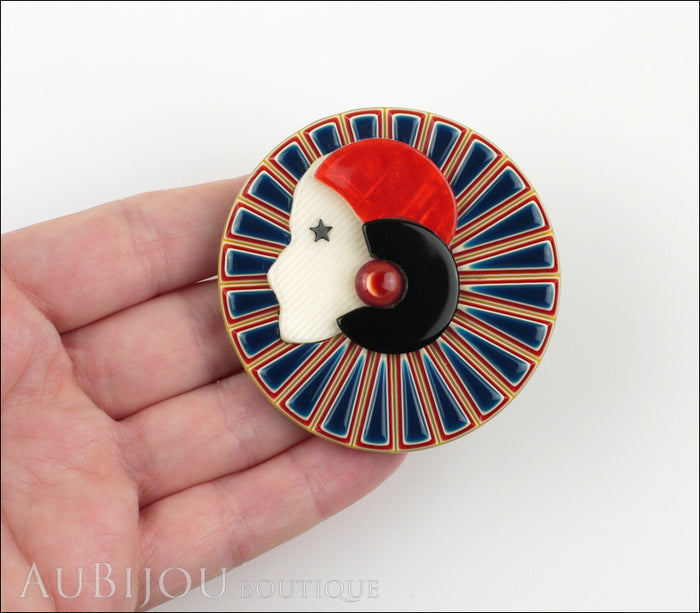 Lea Stein Full Collerette Art Deco Girl Brooch Pin Navy Blue Red Model